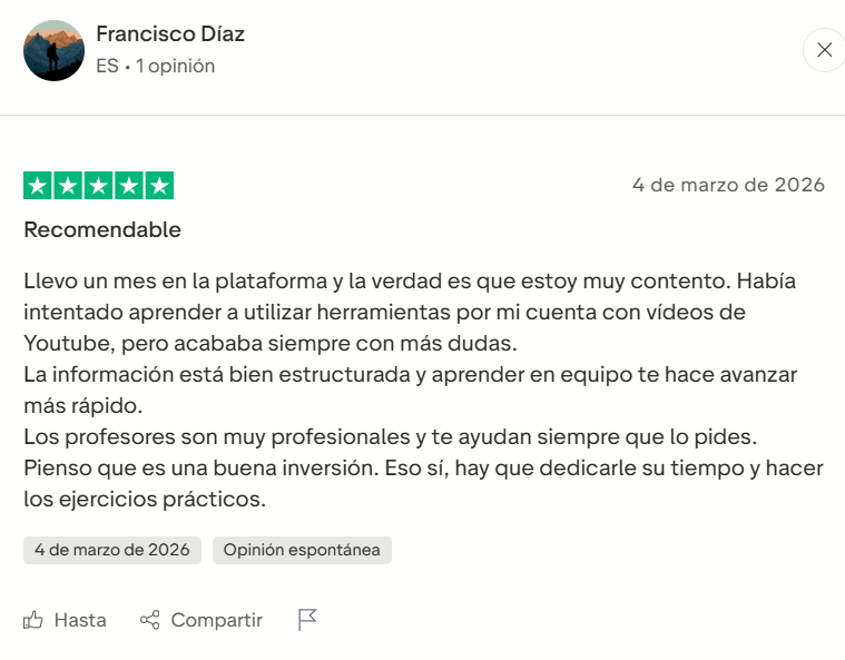Reseña de alumnos sobre Juan Santacruz en Trustpilot